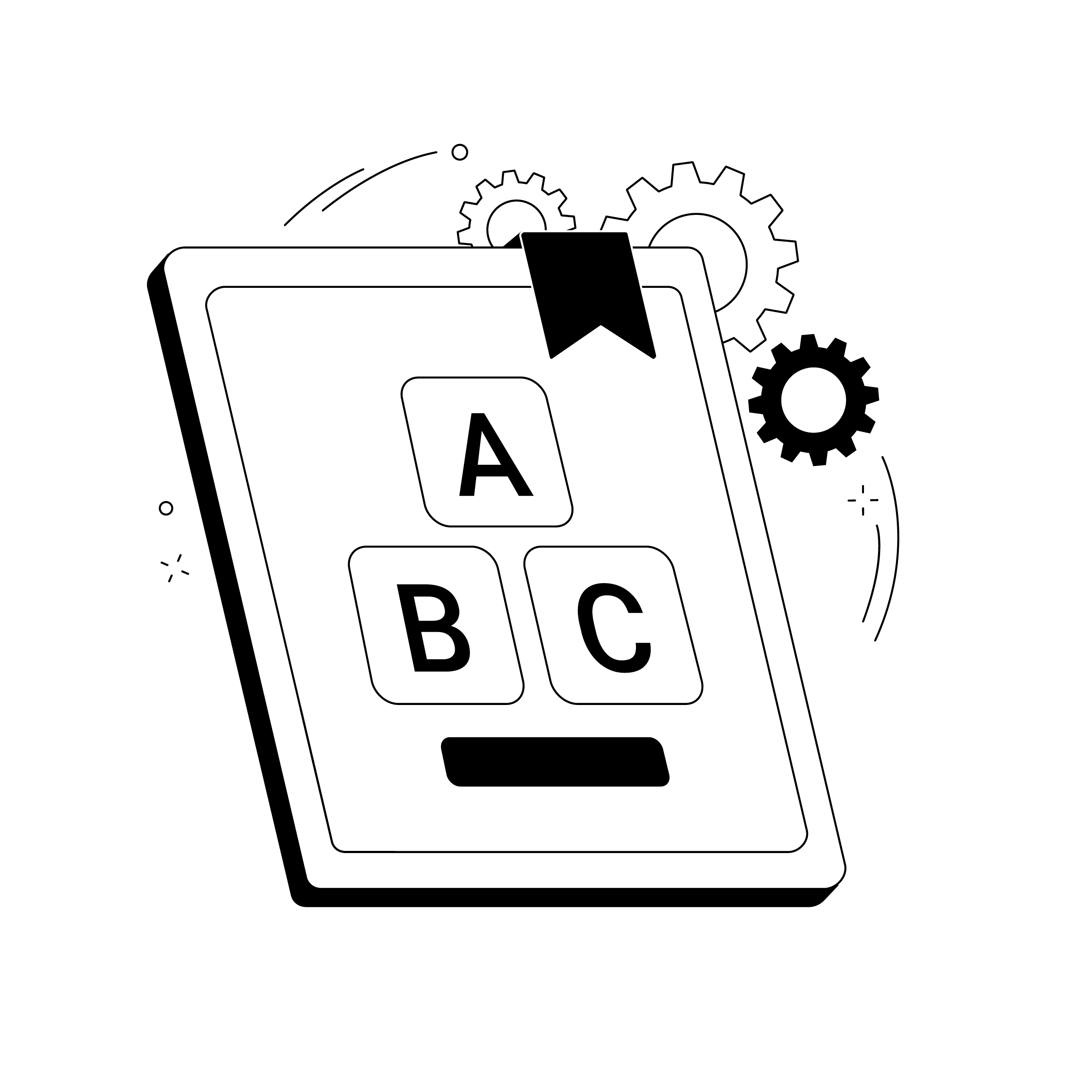 A stylized, black-and-white illustration of a smartphone displaying the letter 'A' in a grid of letter tiles, with two gear icons in the background, symbolizing settings or technology.