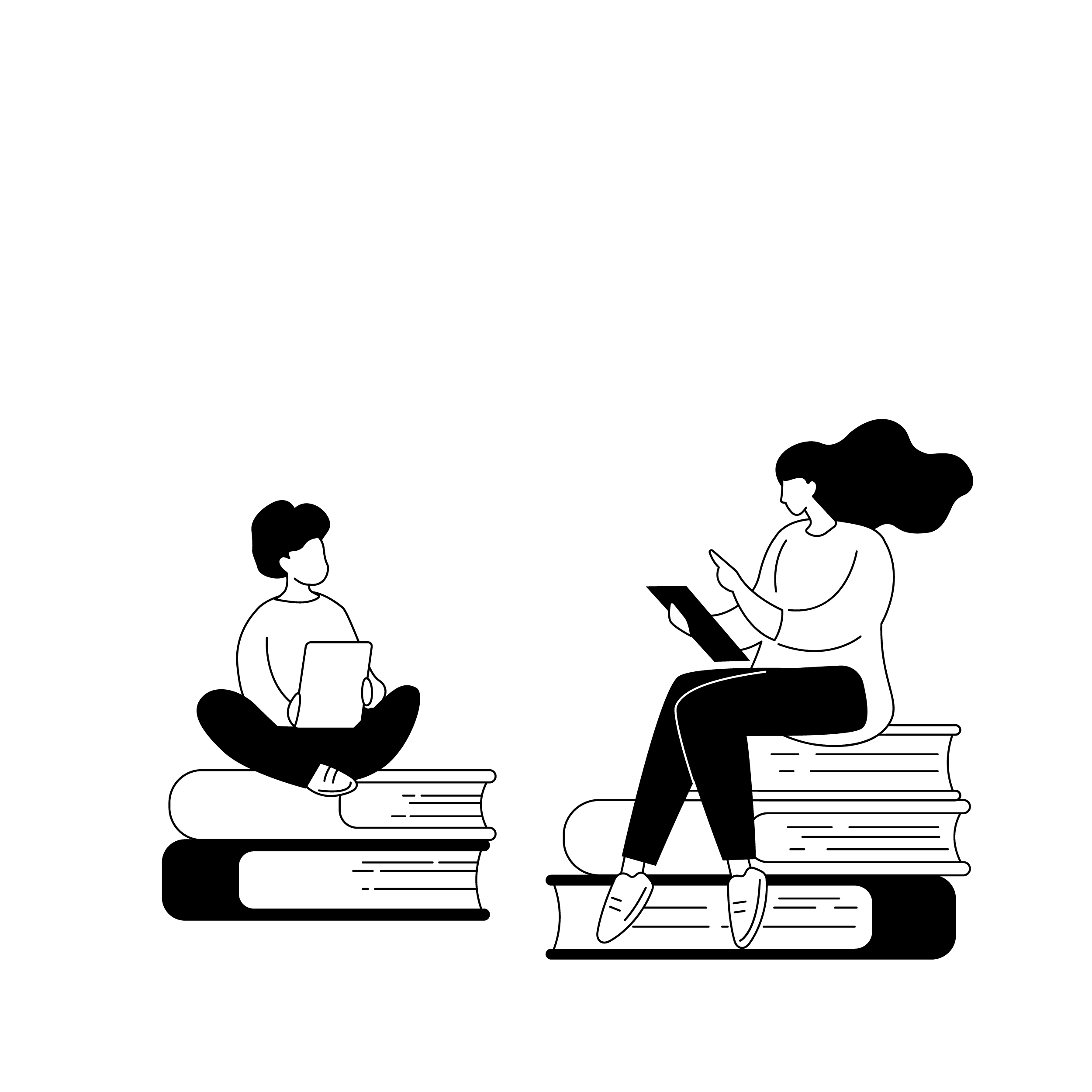 Black and white illustration of a man and woman sitting on a park bench, having a conversation.