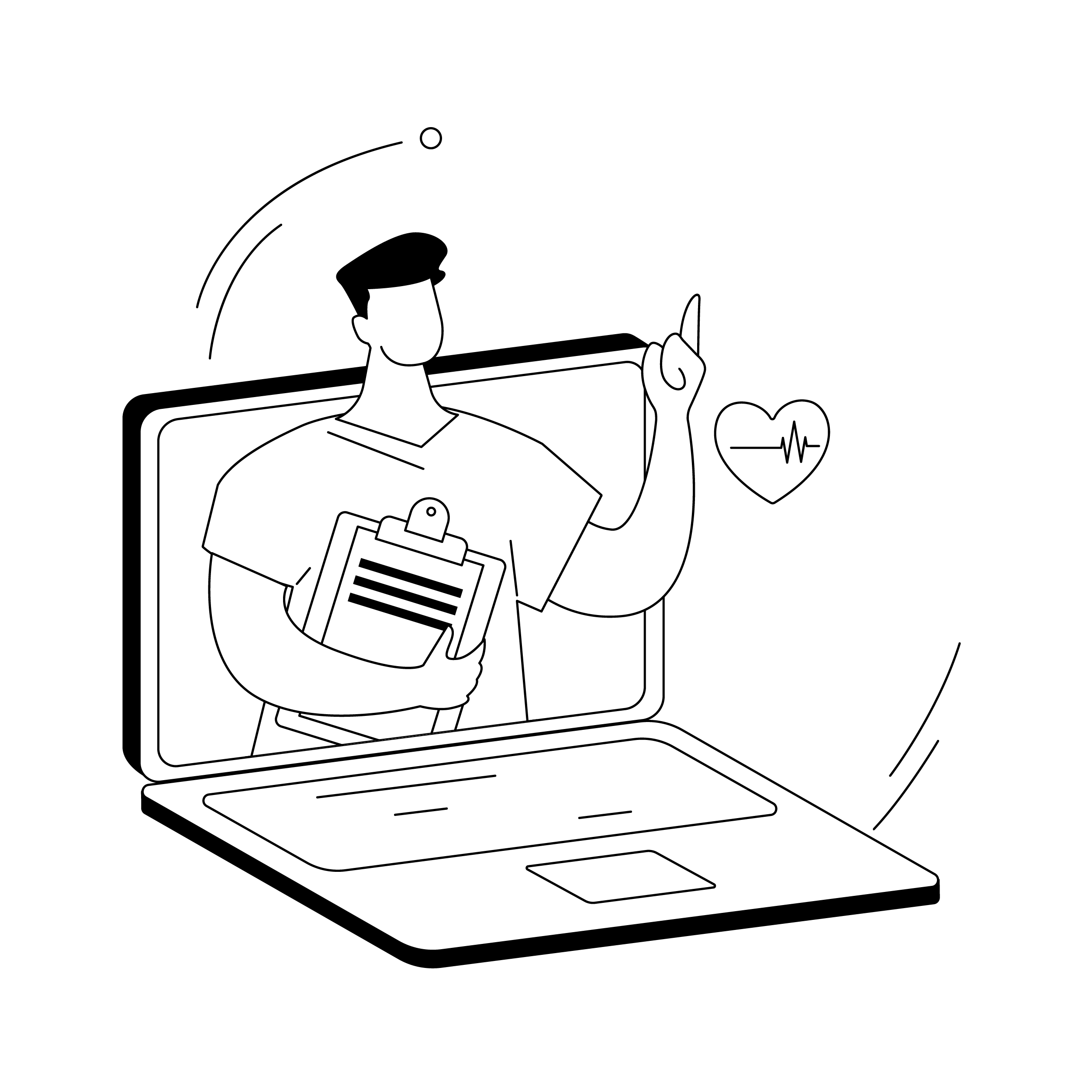 Outline of a healthcare professional holding a clipboard, with a laptop and documents on a desk.