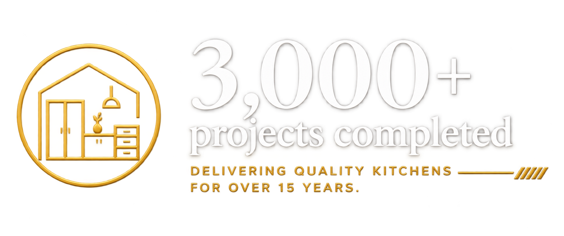 Logo with kitchen outline and the text indicating 3,000+ projects completed by a kitchen delivery company over 15 years.