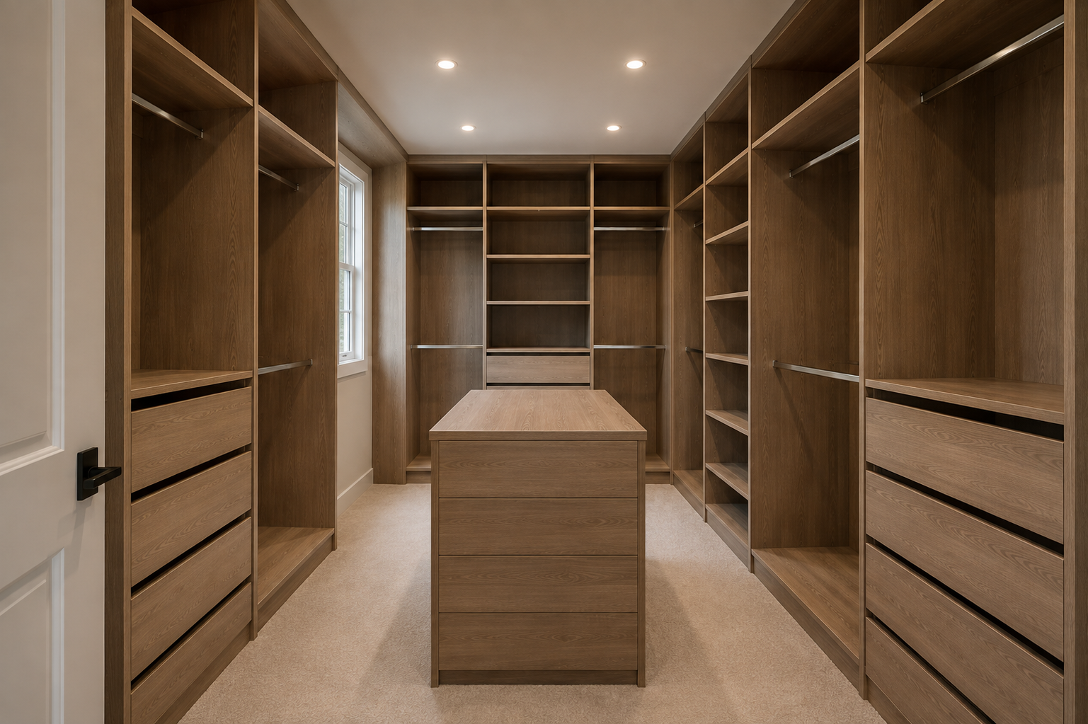 Empty walk-in closet with wooden shelves and drawers, a central island, a small window, and recessed ceiling lights.