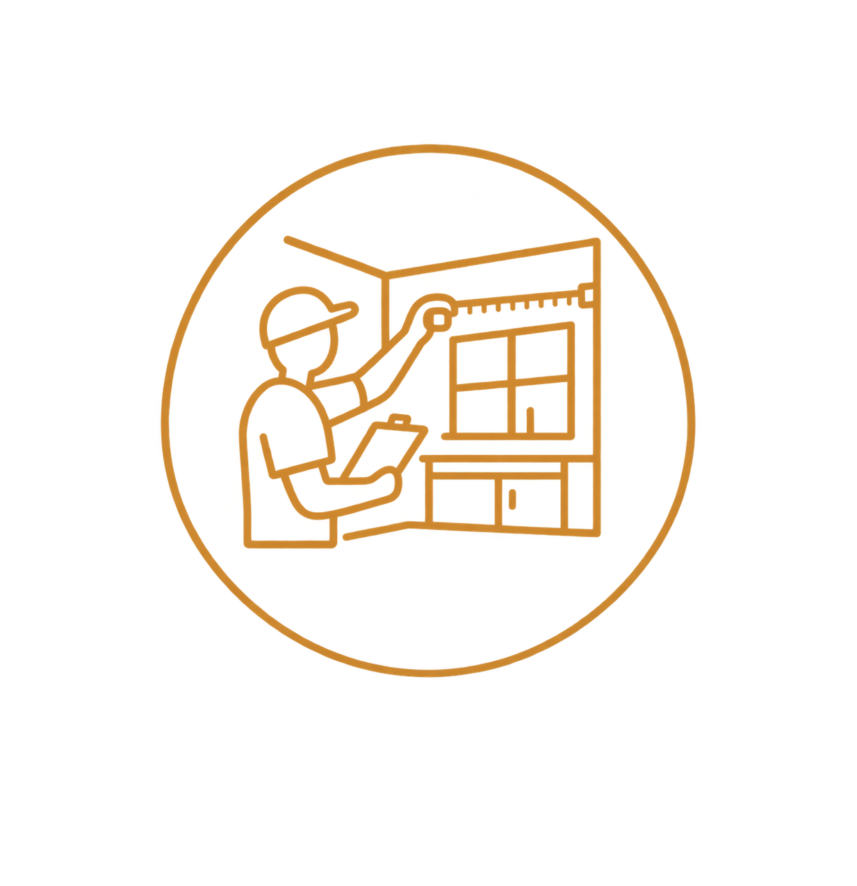 Line drawing of a person wearing a cap, using a ruler and clipboard, with a window in the background, all enclosed in a circle.
