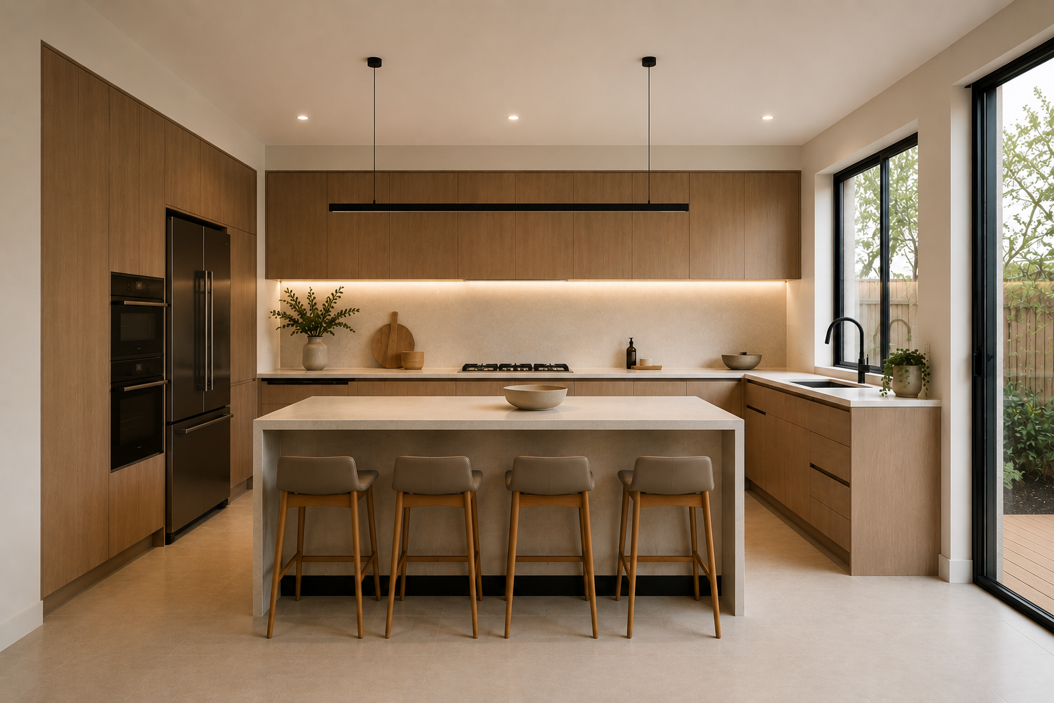 Modern kitchen with wooden cabinets, white countertop, island with four chairs, large windows, and minimal decor.