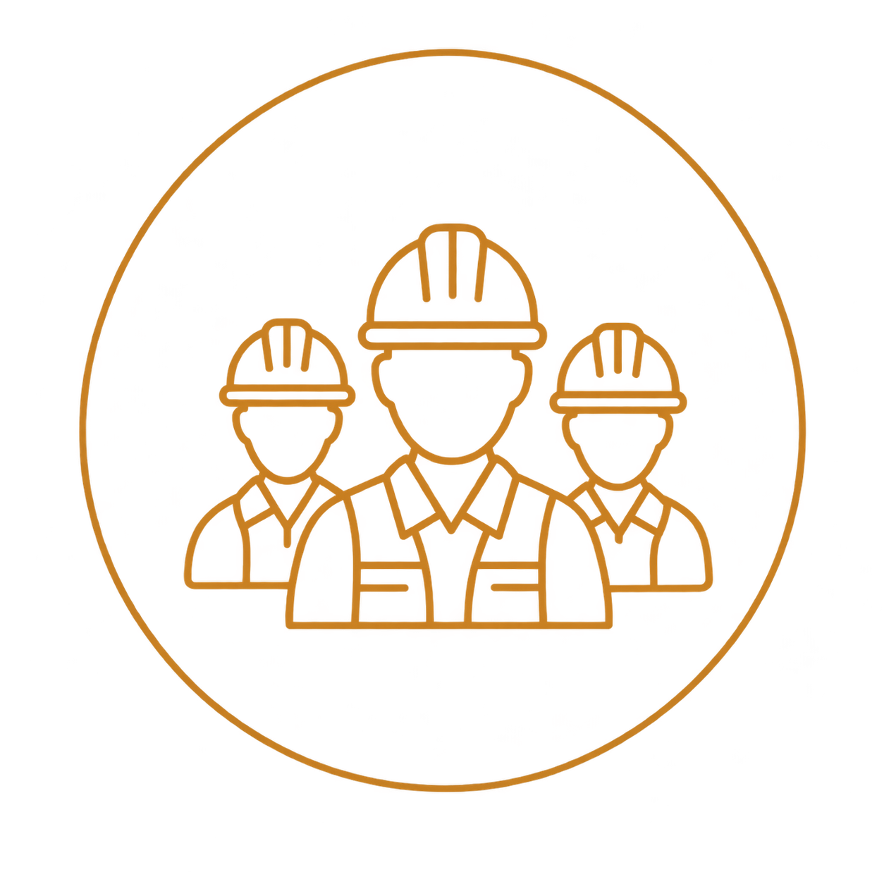 Neon sign of three construction workers wearing hard hats inside a circular frame.