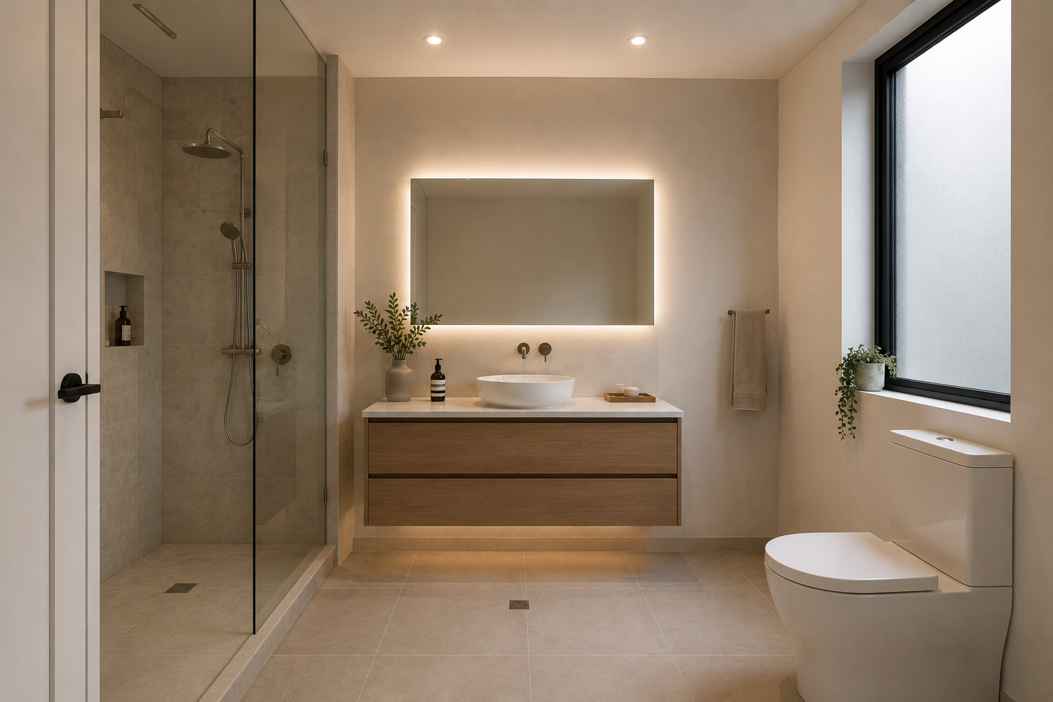 Modern bathroom with glass shower, wooden vanity with vessel sink, illuminated mirror, and white toilet next to a frosted window with plants.
