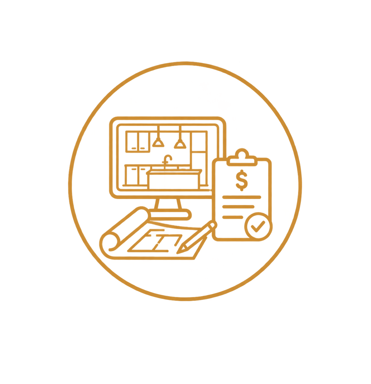 A gold-colored coin with a digital workspace icon, including a computer monitor, a laptop, a smartphone with a dollar sign, and a checkmark, symbolizing digital finance or online business.