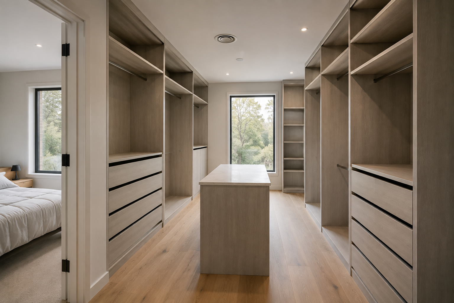 Empty walk-in closet with built-in shelves and drawers, light wood flooring, and a window overlooking trees.