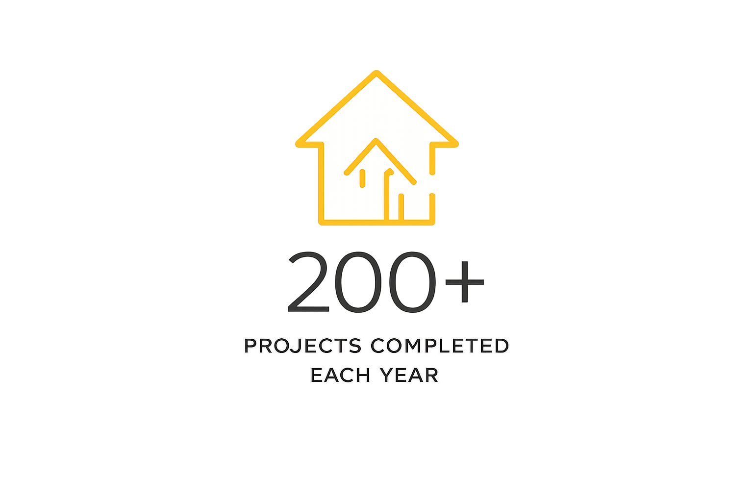 Graphic showing a house with upwards arrow, indicating growth, and text stating "200+ Projects Completed Each Year."