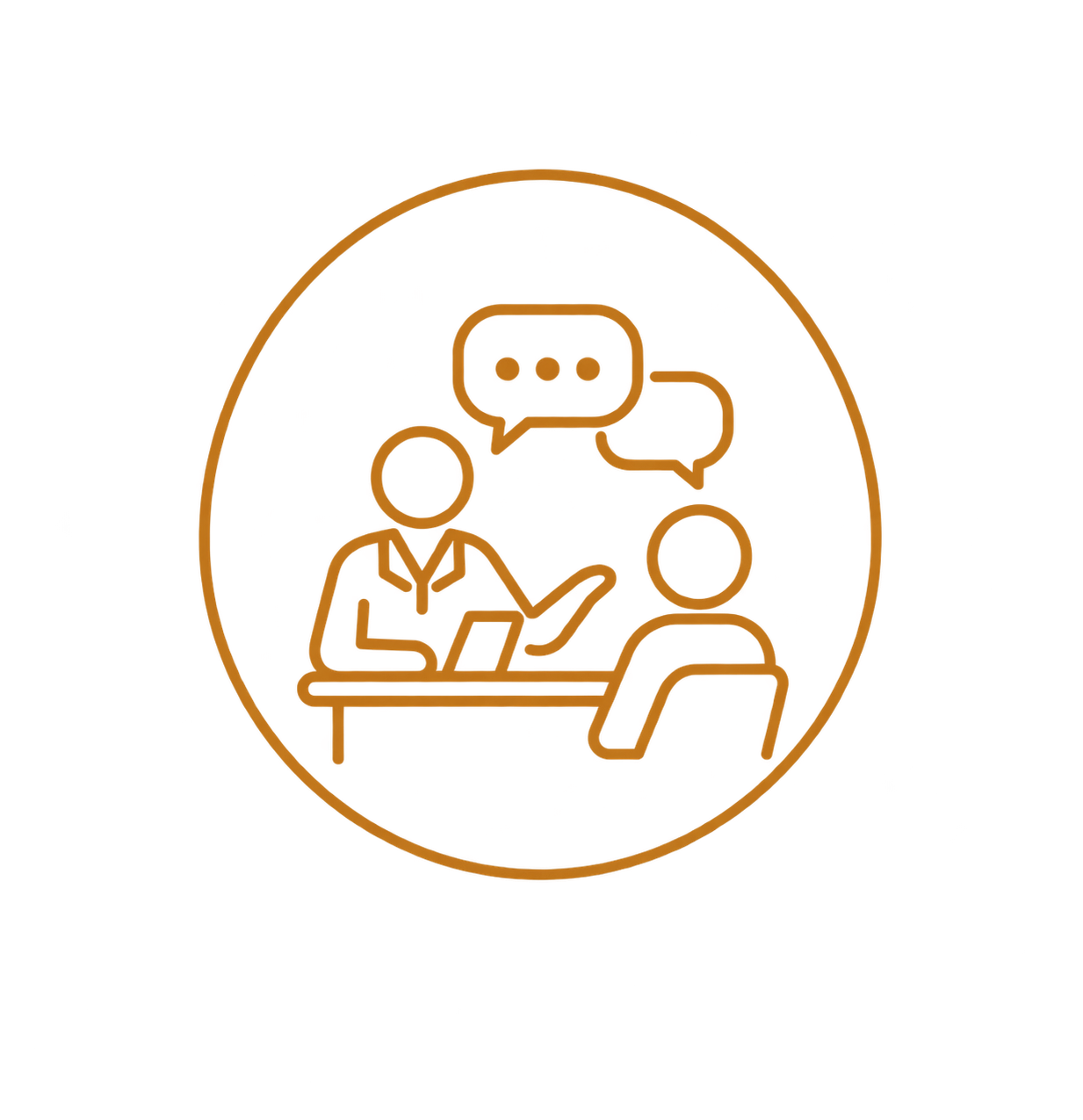 Line drawing of two people having a conversation, with speech bubbles above them, representing communication or consultation.