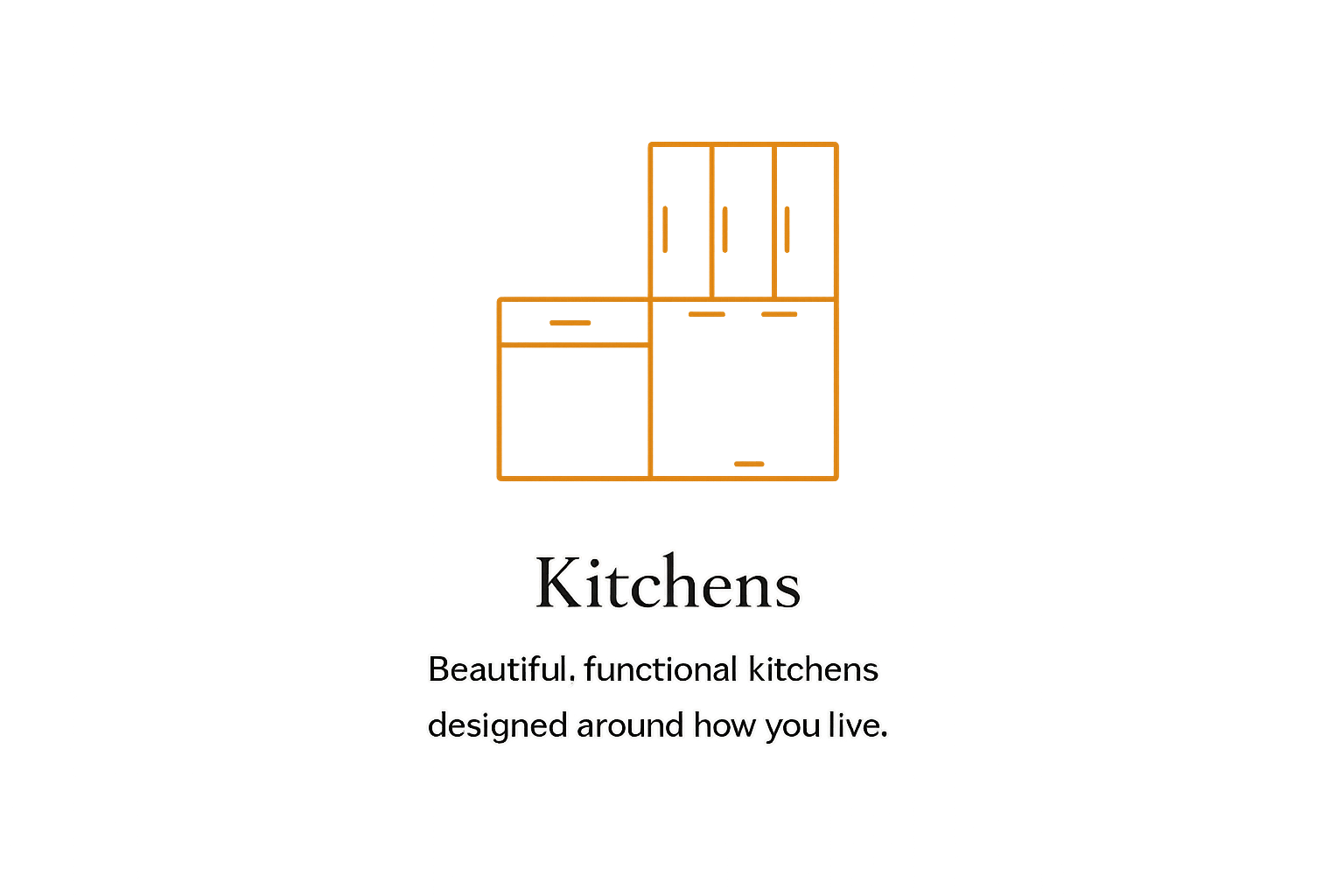 A website display for a kitchen design company featuring an orange graphic with text that says "Kitchens" and a tagline "Beautiful, functional kitchens designed around how you live."