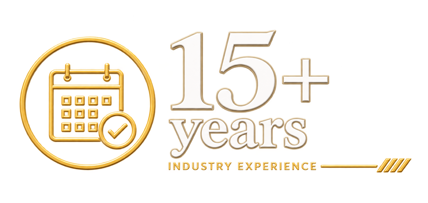 Golden icon of a calendar with a checkmark, alongside the text '15+ years' in white and gold, and a small caption 'Industry Experience' in gold.