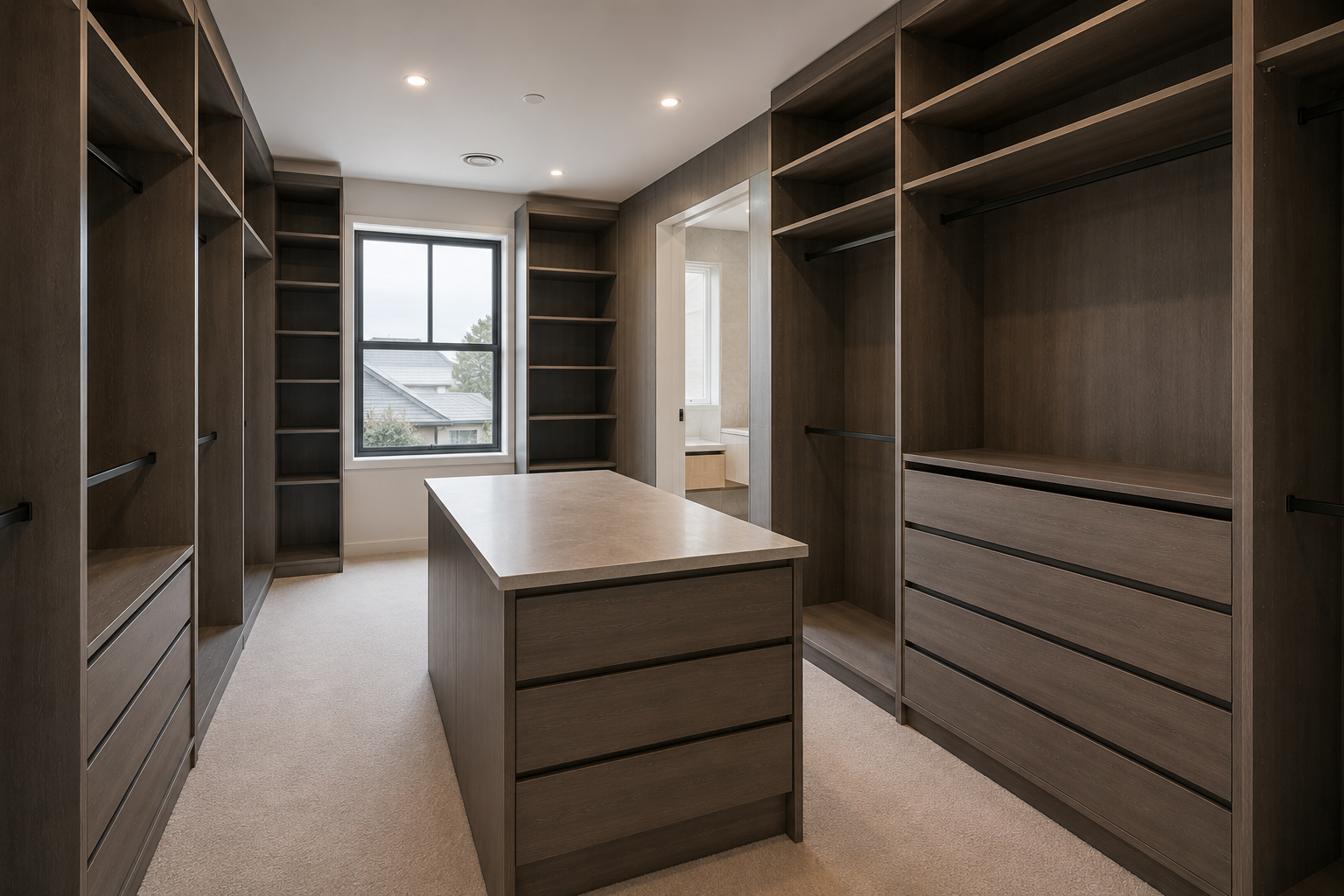 Modern walk-in closet with dark wood built-in shelves, drawers, and an island in the center. There is a window at the end of the room with a view of neighboring houses and trees.