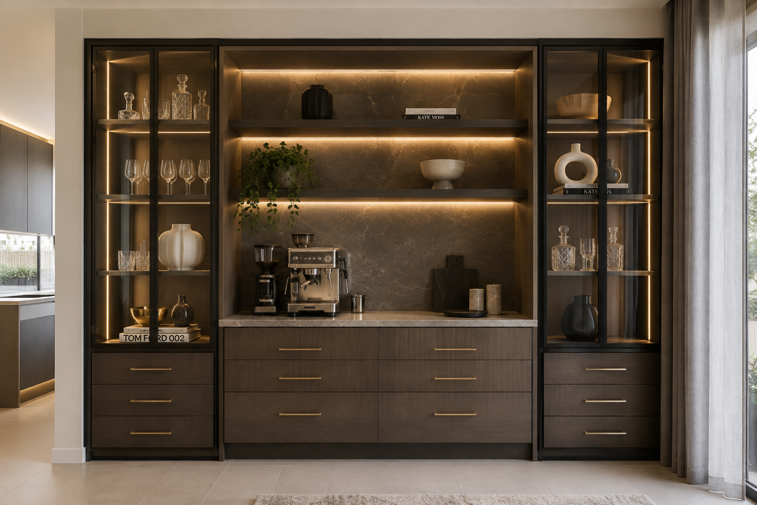 Modern kitchen cabinet with glass door display, decorative glassware, and a coffee station with a coffee machine. The shelves are illuminated with warm lighting, and the space includes decorative items such as vases, bowls, and books.