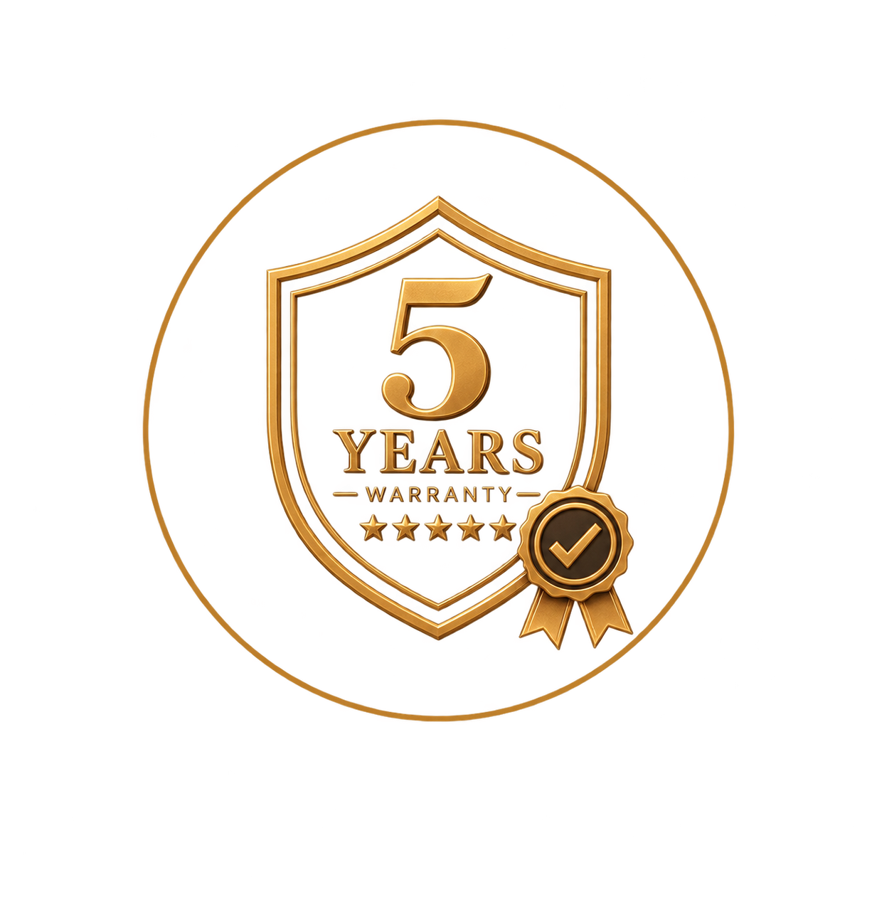 Gold emblem with a shield outline, displaying '5 Years Warranty' and five stars, with a gold ribbon and checkmark badge.