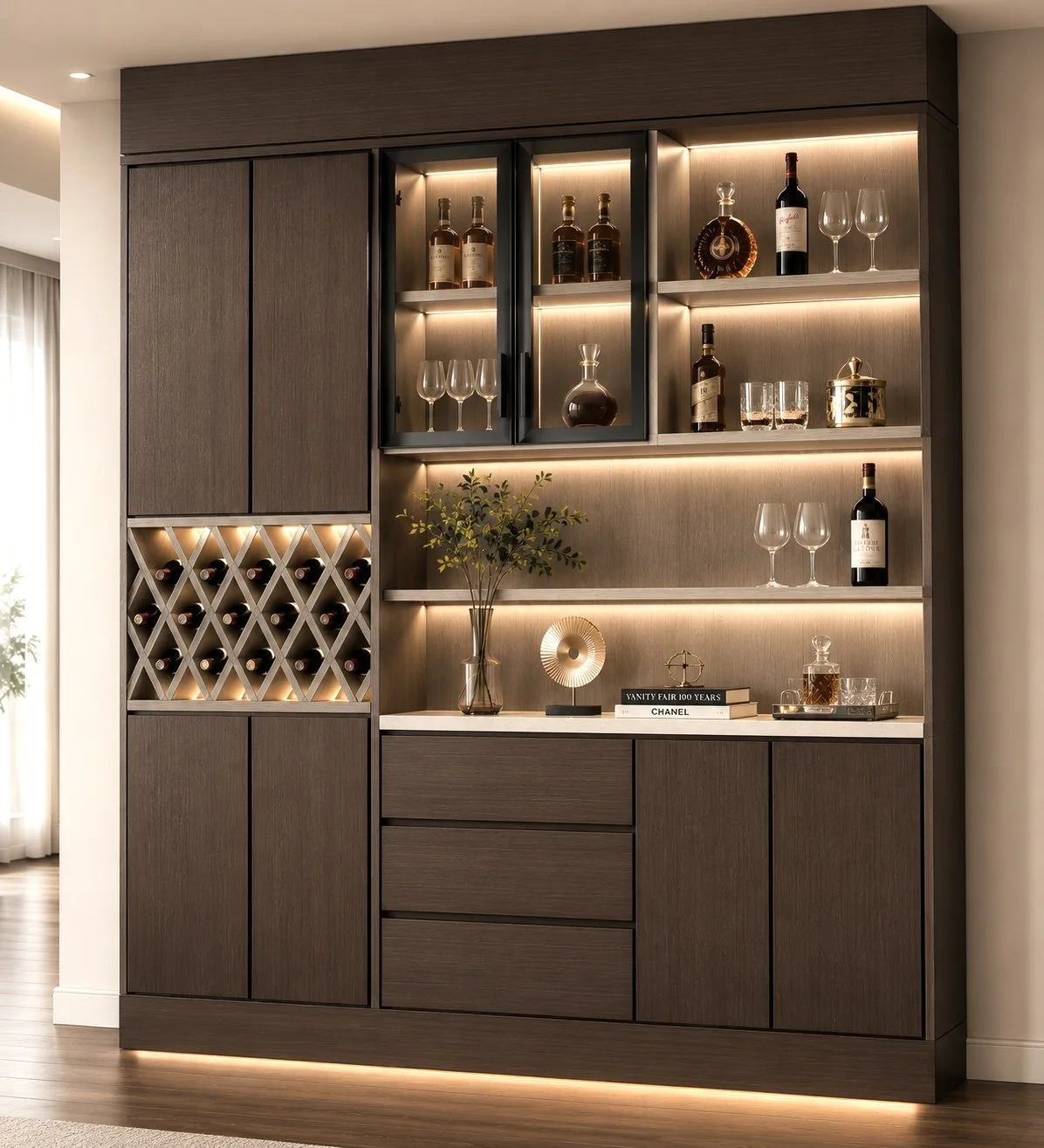 Modern wooden bar cabinet with wine bottles, glasses, and decorative items, illuminated with under-shelf lighting.