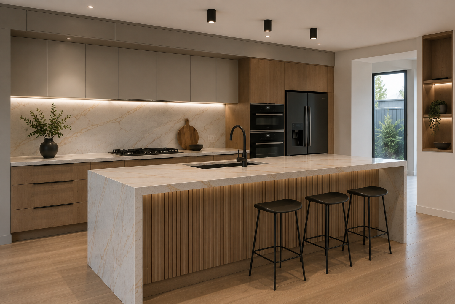 Modern kitchen with a large marble island, black bar stools, wooden cabinets, and built-in appliances. There are plants and a door leading outside.