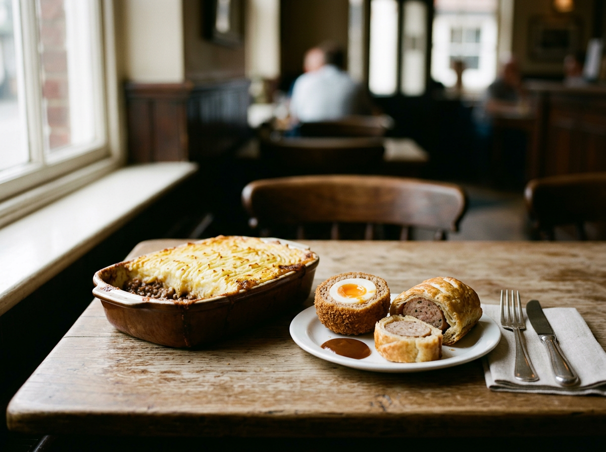 A plate with a Scotch egg, a slice of sausage roll, and a dollop of brown sauce on a wooden table, with a casserole dish of shepherd's pie nearby, inside a cozy restaurant with wooden chairs and windows in the background.