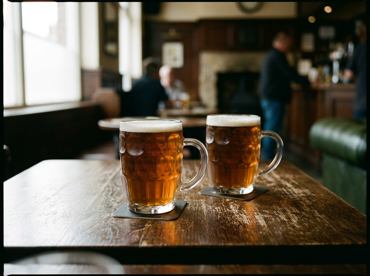 Two mugs of beer on a wooden table in a bar or pub setting, with people in the background.