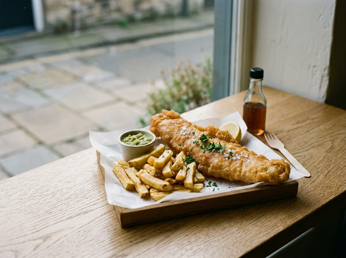 A plate of fried fish with French fries, a small bowl of green peas, a lemon wedge, and a bottle of tartar sauce on a wooden tray next to a window.