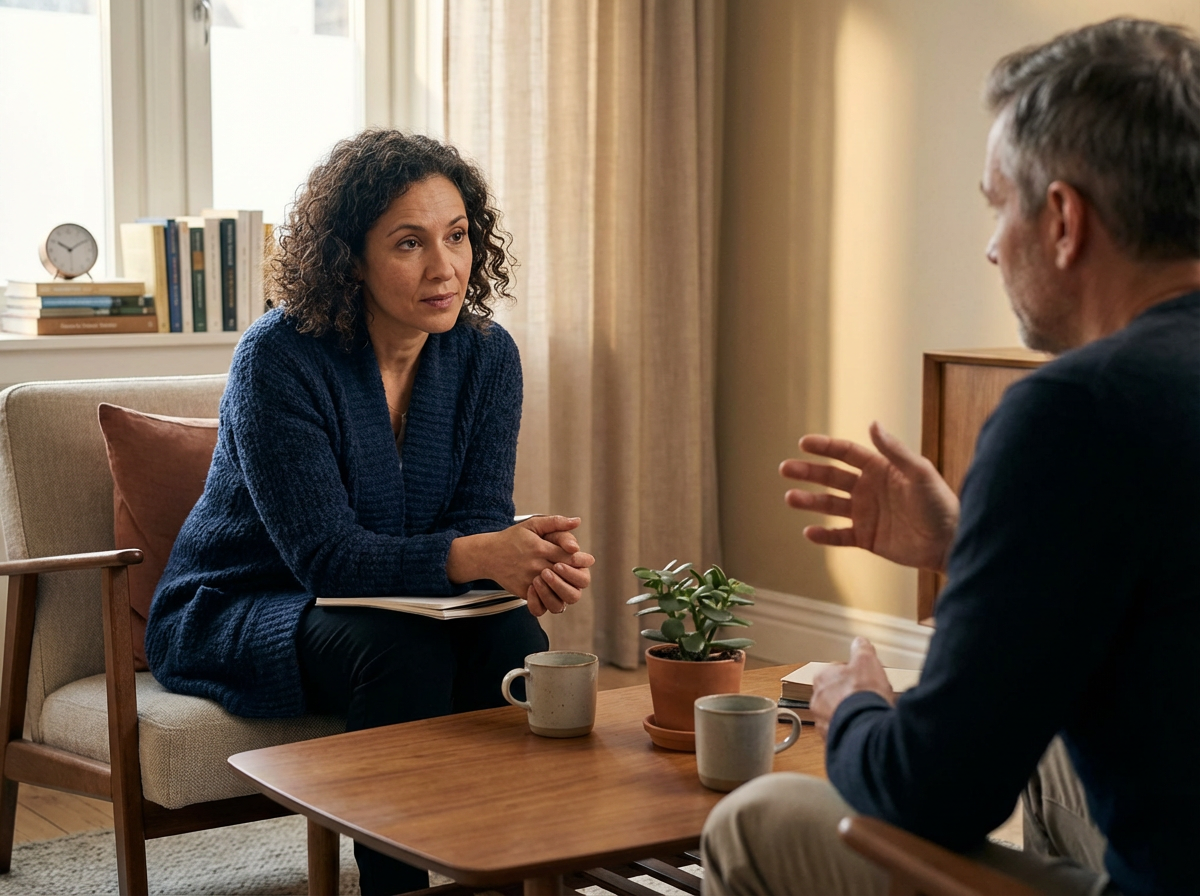 A woman listening intently during a conversation with a man who is gesturing with his hand, in a cozy living room setting with a wooden coffee table and potted plant.