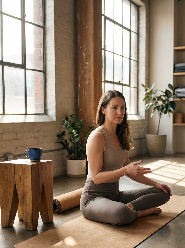 An employee participating in a tailored, on-site corporate yoga mat session designed for beginner workplace wellness programs across Norwest, Blacktown, and the Hills District.