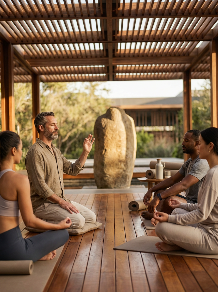A professional team participating in a structured corporate mindfulness and stress-regulation training session, delivering workplace wellness solutions for businesses across the Hills District, Norwest, and Blacktown.
