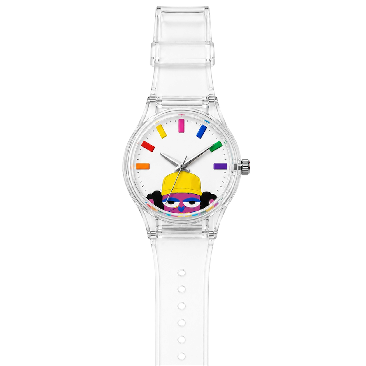 A colorful watch with a white band, transparent case, and "SUPER COOL" at the bottom of the face. The watch has a white dial with multicolored hour markers and black minute markers, with hour and minute hands, and a thin second hand.