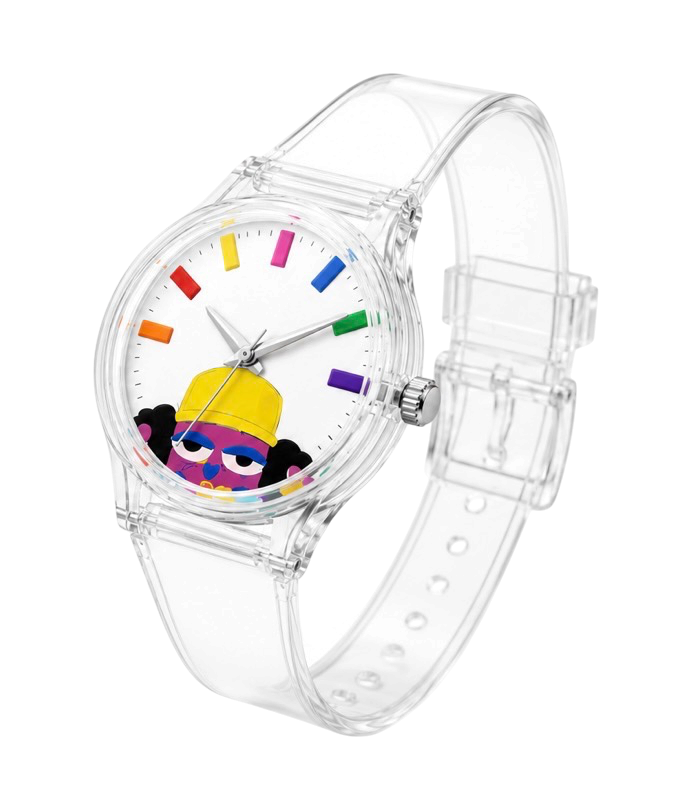 A transparent wristwatch with a colorful rainbow of hour markers and a cartoon character with sunglasses and a yellow cap on the watch face.