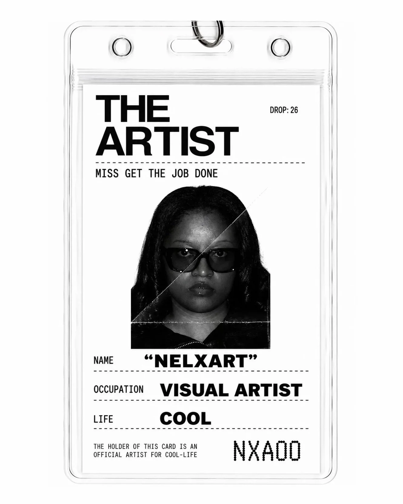 Black and white ID badge featuring a woman with dark hair and glasses, with the name 'NELXART', occupation 'VISUAL ARTIST', and the word 'COOL'.