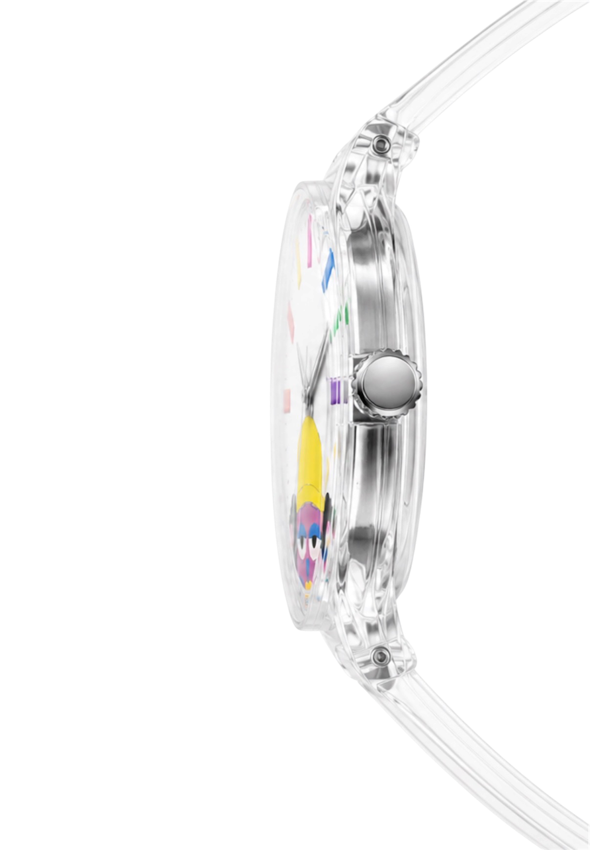 A side view of a transparent Apple Watch showing a colorful Memoji face on the screen and a digital crown.