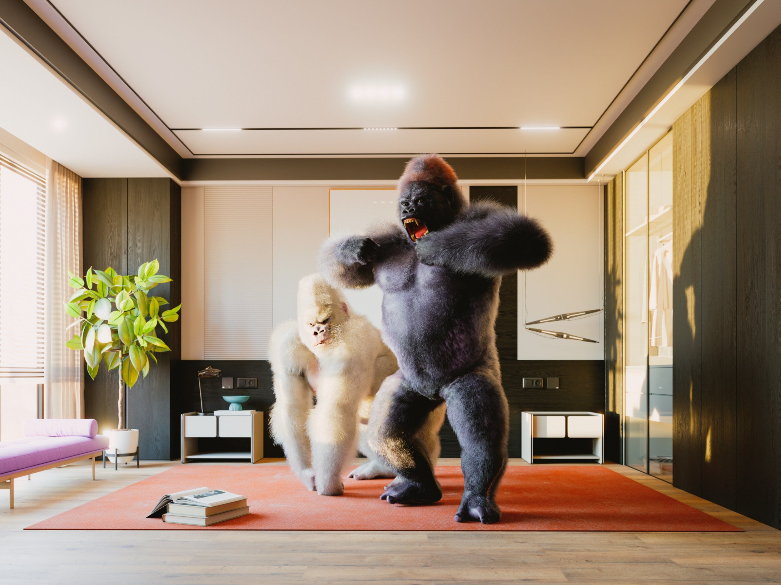 Image of three large, fluffy, and aggressive-looking gorilla sculptures standing in a modern, brightly lit living room with a pink rug, a small black tabletop, plants, and books.