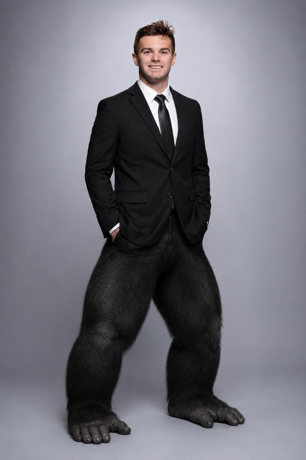 A man in a black suit and tie, standing with hands in pockets, has the body of a bear from waist down.