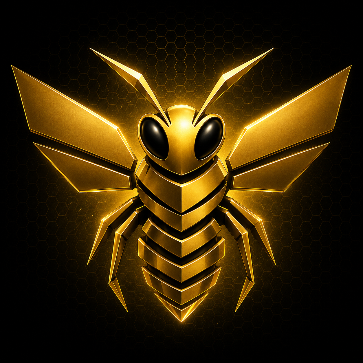 A digital illustration of a golden robotic bee with black eyes and detailed wings against a dark honeycomb background.