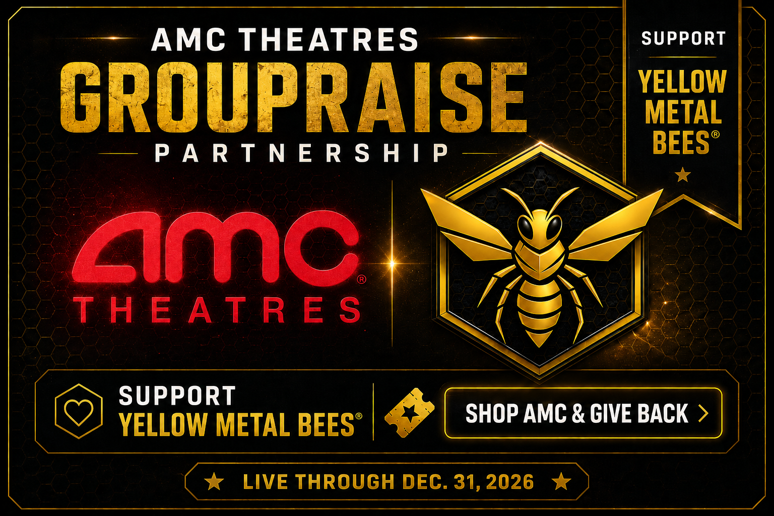 Support Yellow Metal Bees® while enjoying your next movie night. Through our AMC Theatres fundraising campaign, eligible purchases made through our campaign link help generate funds to support honeybee stewardship, pollinator habitat restoration, env