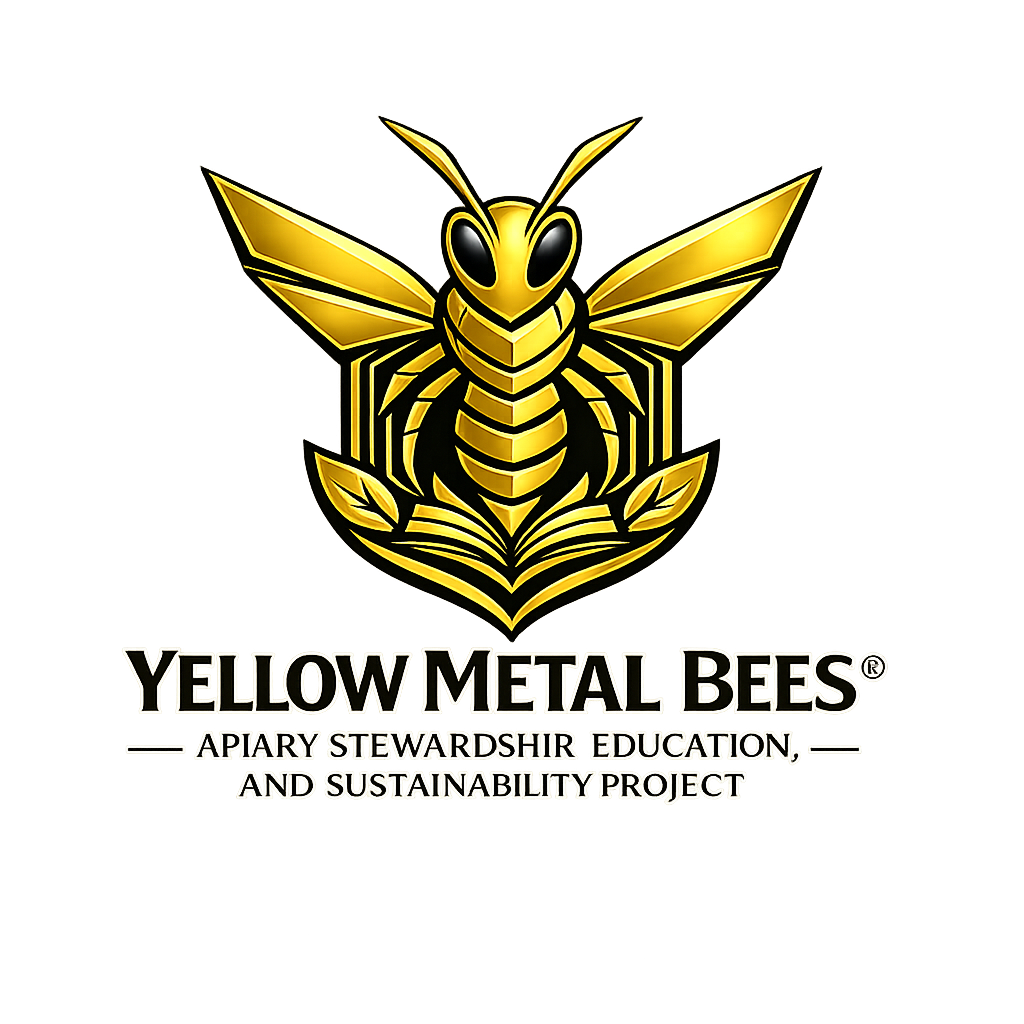 Golden bee logo with the text 'Yellow Metal Bees' and 'Apiary Stewardship, Education, and Sustainability Project' underneath.