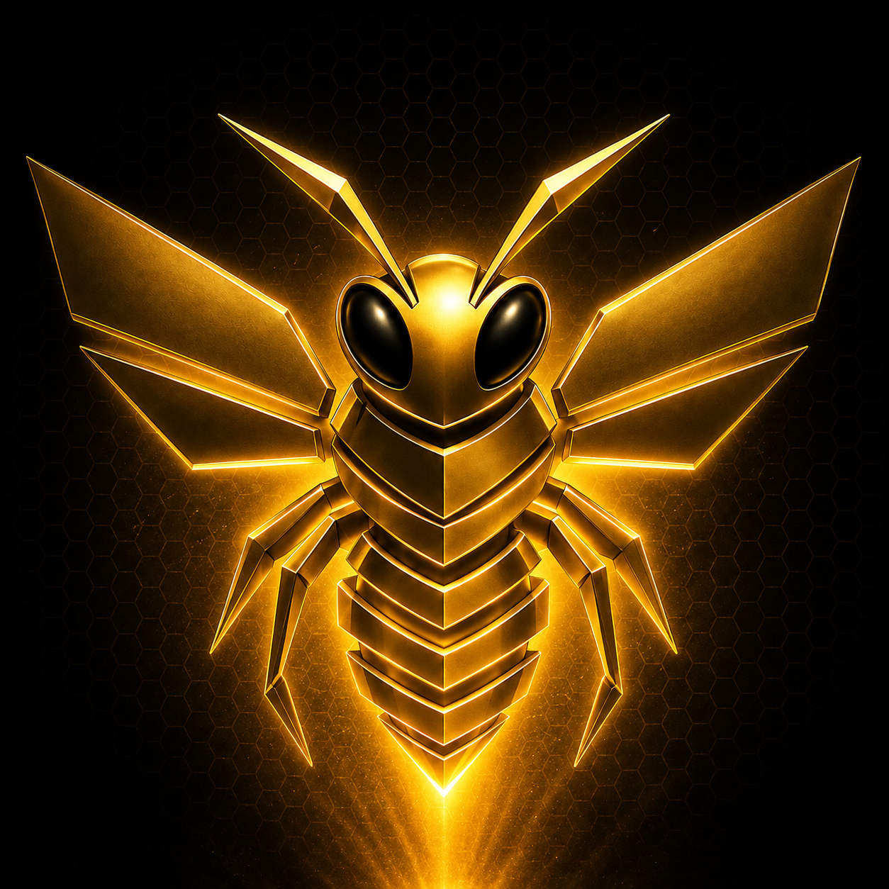 A digital artwork of a bee in gold and black, glowing against a dark hexagonal honeycomb background.