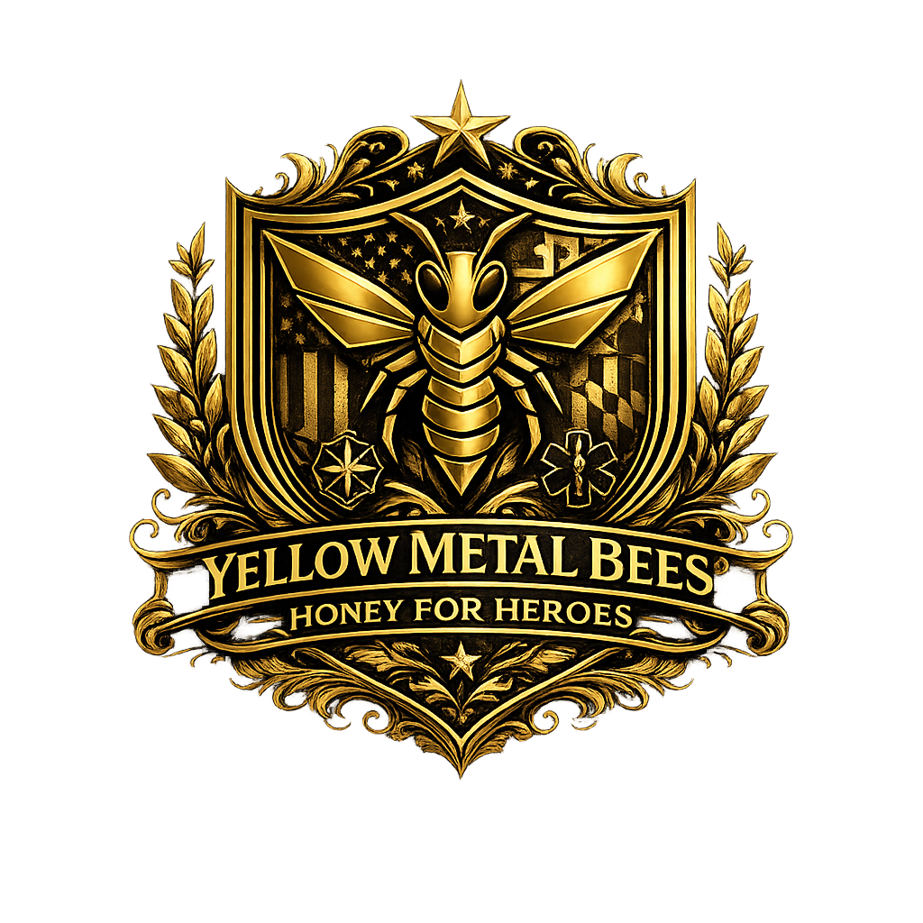 A gold and black emblem featuring a bee with wings spread, surrounded by laurel leaves. Text on the emblem reads 'Yellow Metal Bees' with a banner below that says 'Honey for Heroes'.