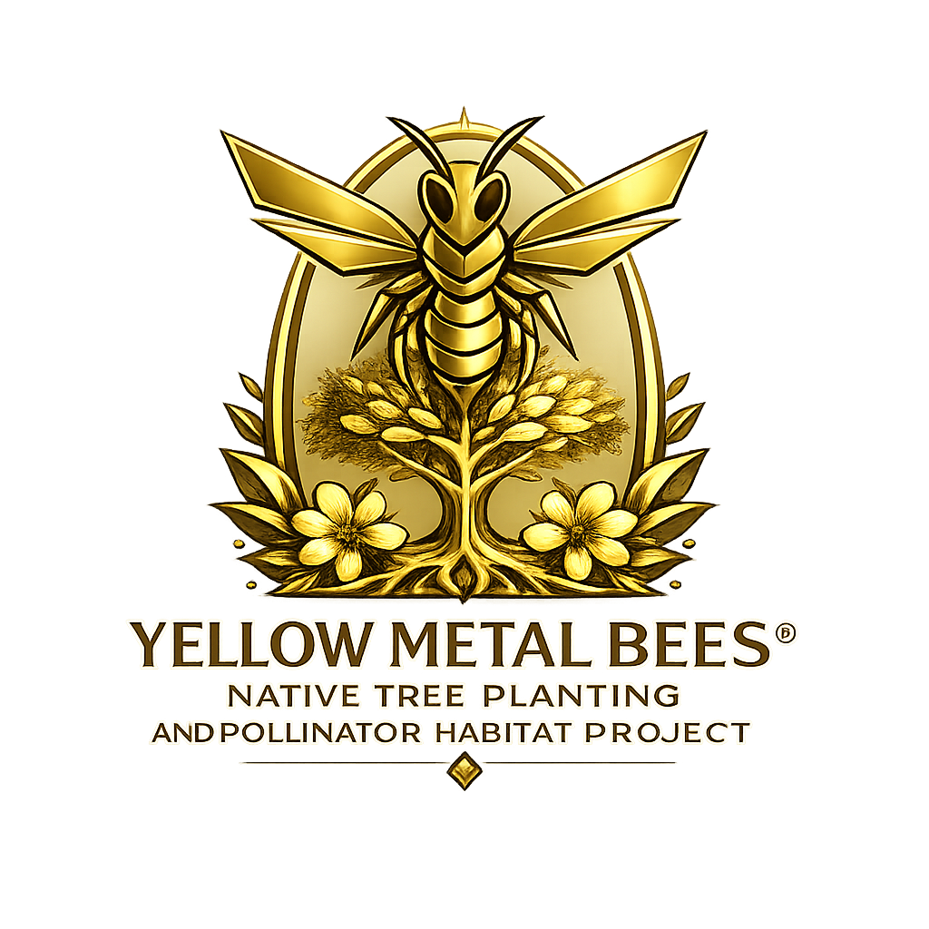Golden illustration of a bee above a tree with flowers and leaves, encircled by an epaulette, with the text 'Yellow Metal Bees: Native Tree Planting and Pollinator Habitat Project' below.
