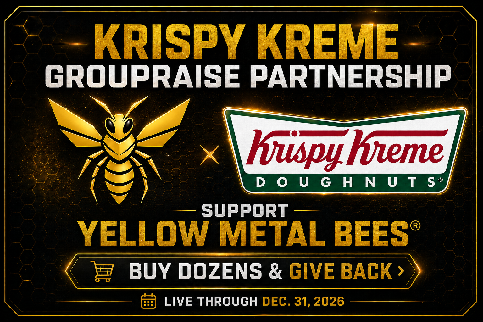 Enjoy Krispy Kreme while helping support the mission of Yellow Metal Bees®. Purchase participating Digital Dozens through our fundraising campaign, and a portion of the proceeds will help advance honeybee stewardship, pollinator habitat restoration, 