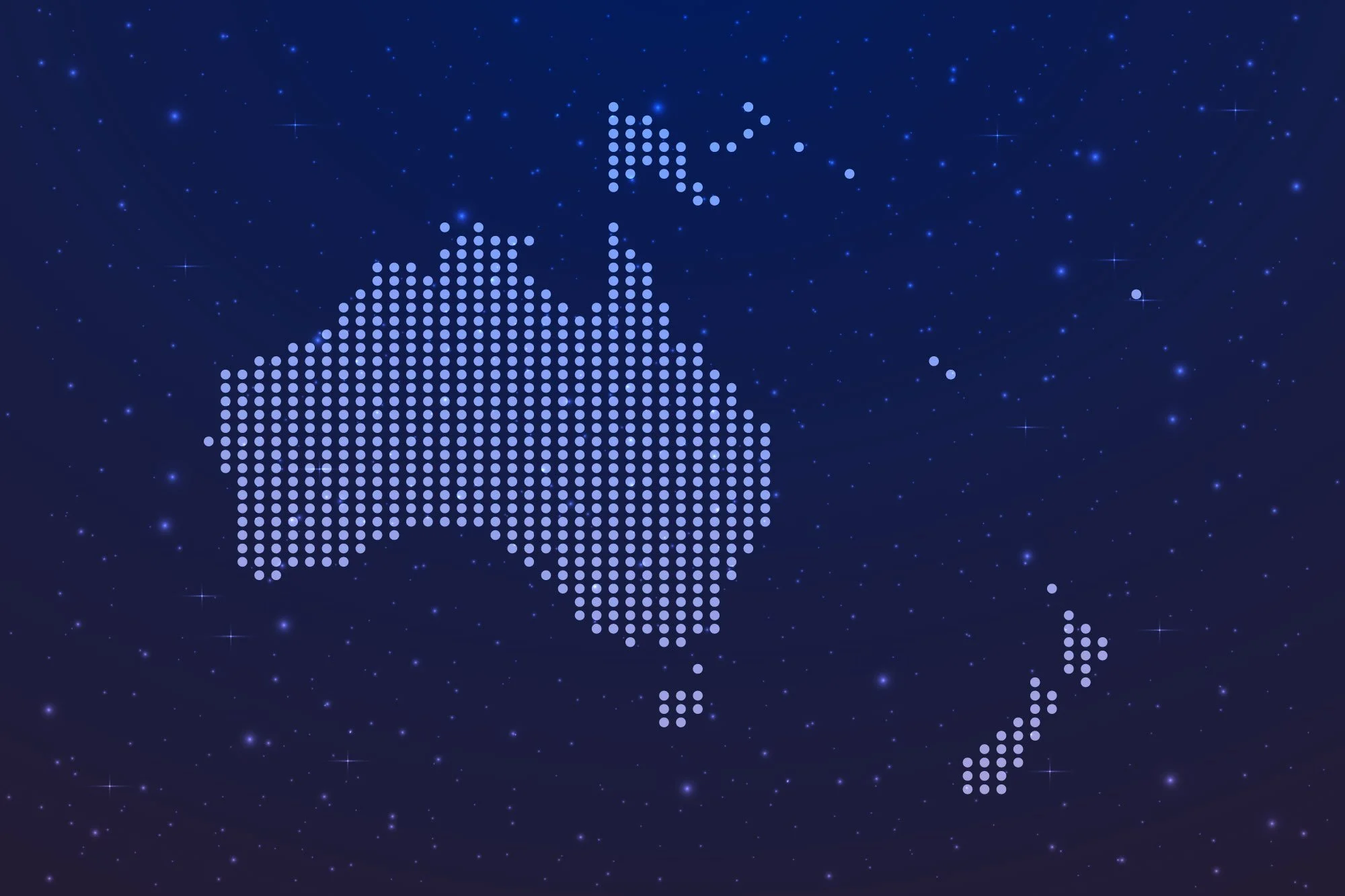 Digital illustration of the map of Australia and New Zealand depicted with small glowing dots against a starry space background.