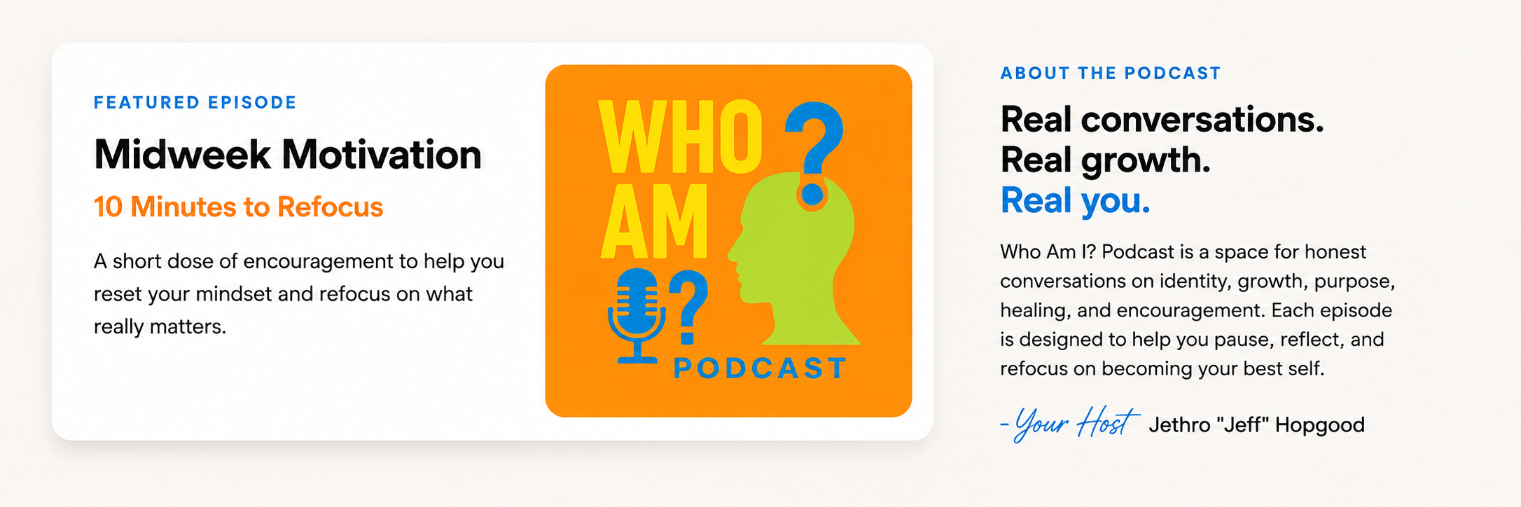 A promotional graphic for the Who Am I? podcast featuring a featured episode titled 'Midweek Motivation: 10 Minutes to Refocus'. The graphic includes the podcast logo with a person's head silhouette, a microphone, and bold text. The right side of the graphic describes the podcast as a space for honest conversations about identity, growth, purpose, healing, and encouragement, hosted by Jethro 'Jeff' Hopgood.