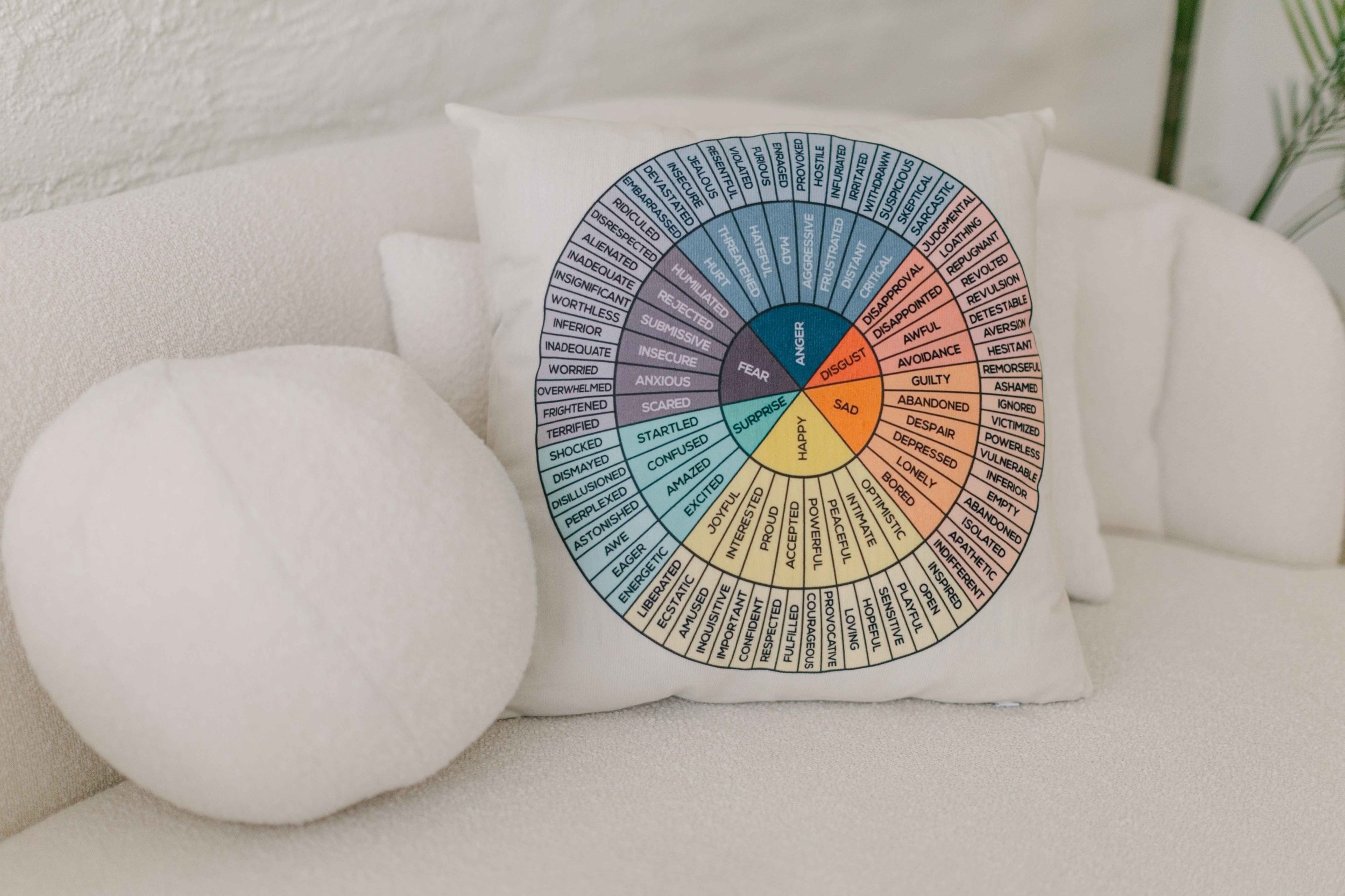 Close-up of a circular chart with emotional words, resting on a white pillow, with a white wall and some greenery in the background.