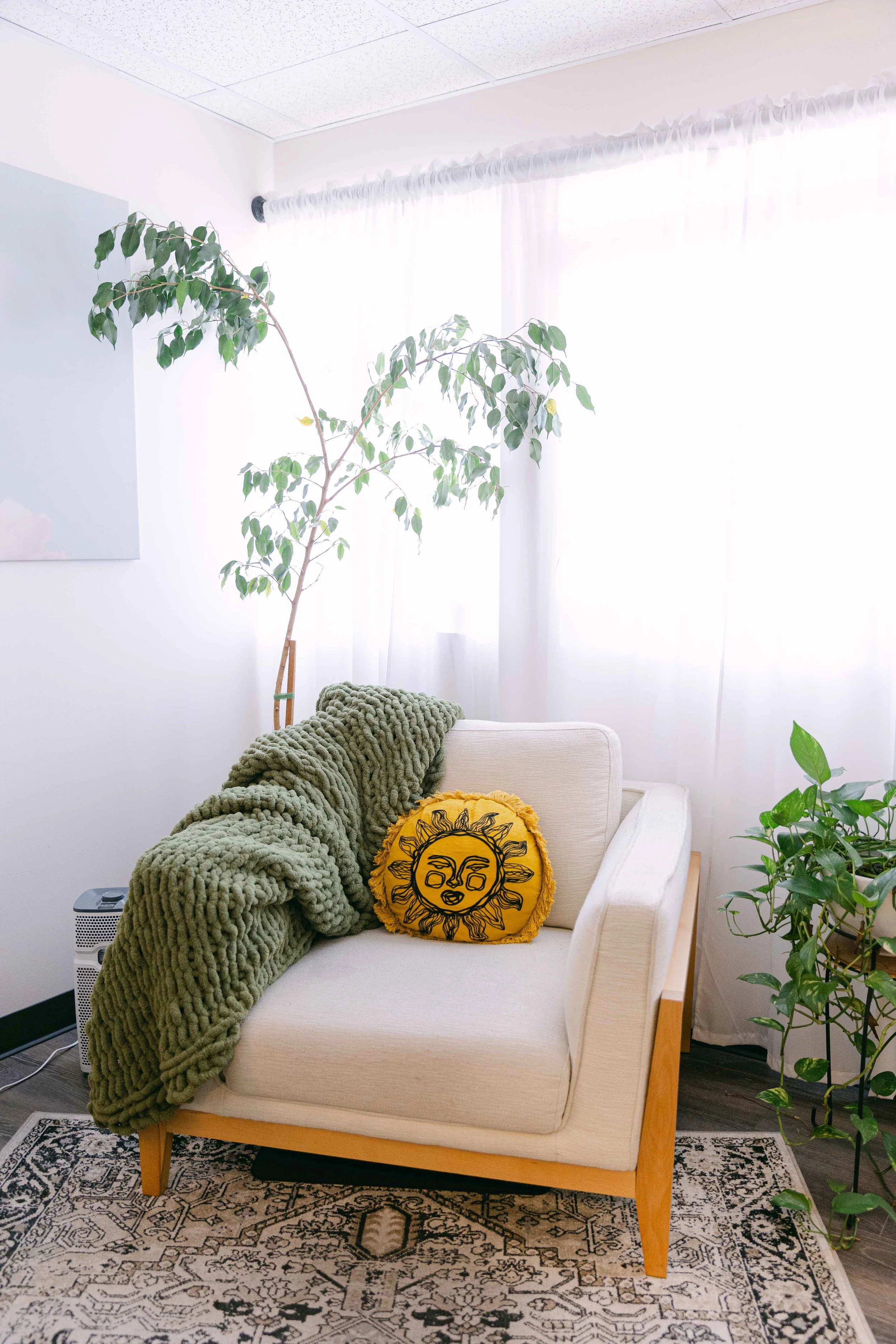 Living room with beige sofa, green chunky knit blanket, yellow decorative pillow with a sun face, hardwood floor, patterned rug, potted plants, and white curtains.