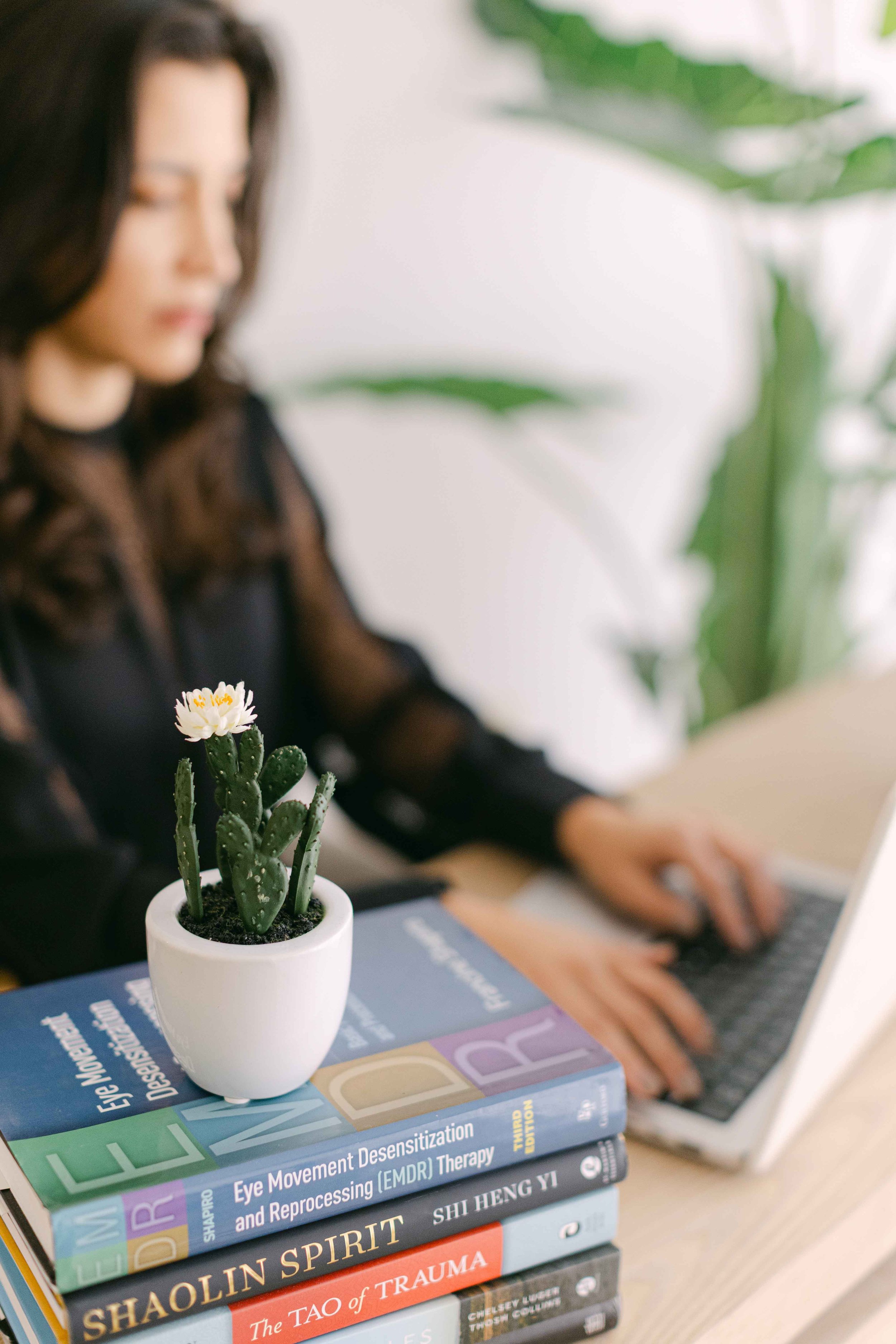 A small potted cactus with a white flower on top placed on a stack of books about therapy and mindfulness, with a woman working on a laptop in the background.