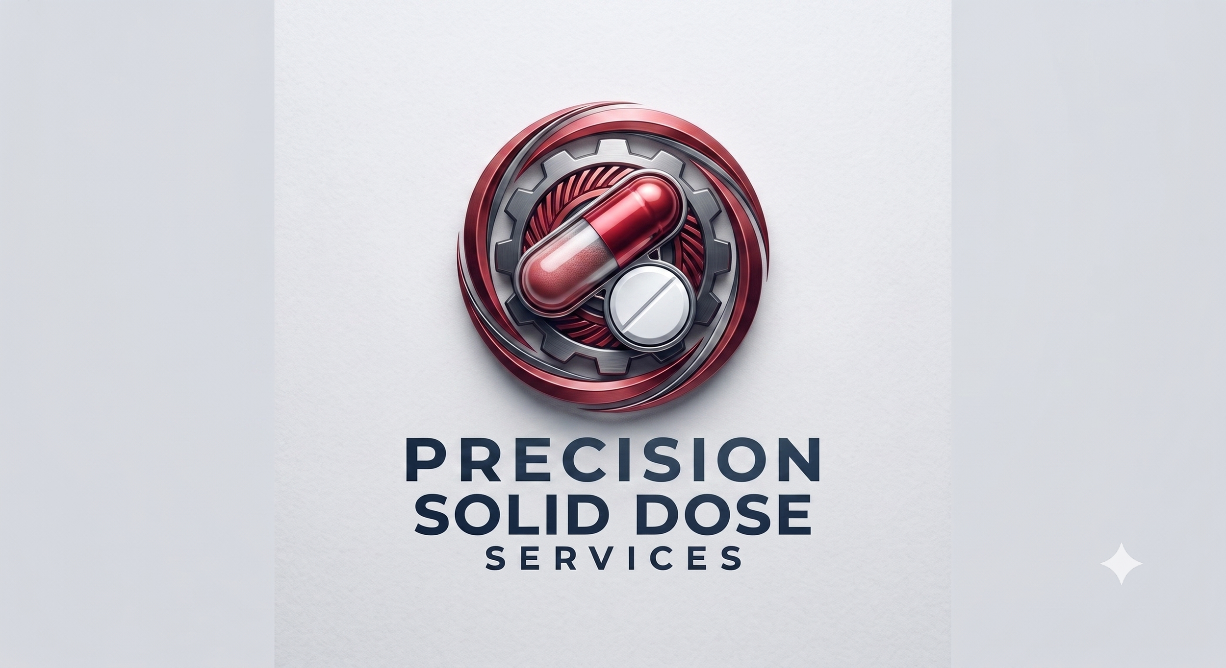 A graphic design featuring a gear with a red capsule pill and a white pill inside, with the text 'Precision Solid Dose Services' below.
