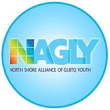 Logo for NAGLY, North Shore Alliance of LGBTQ Youth, featuring colorful letters spelling 'NAGLY' on a blue circular background.