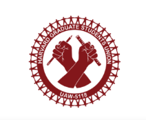 Red circular emblem with two raised fists and the text 'Harvard Graduate Students Union UAW-5118' inside.