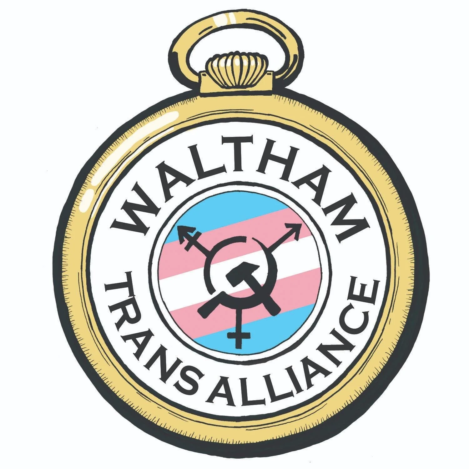 Illustration of a stopwatch with a gold frame and white face, featuring a gender-progress pride flag background and feminist symbols, with text reading 'Transgender Alliance.'