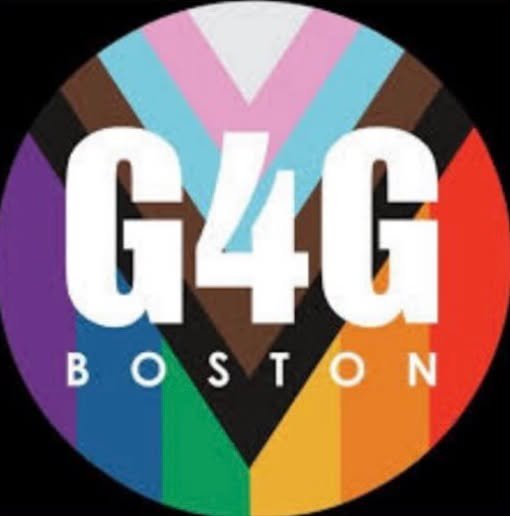 Colorful LGBTQ pride badge with G4G Boston text in the center, featuring rainbow colors and pride flag elements.