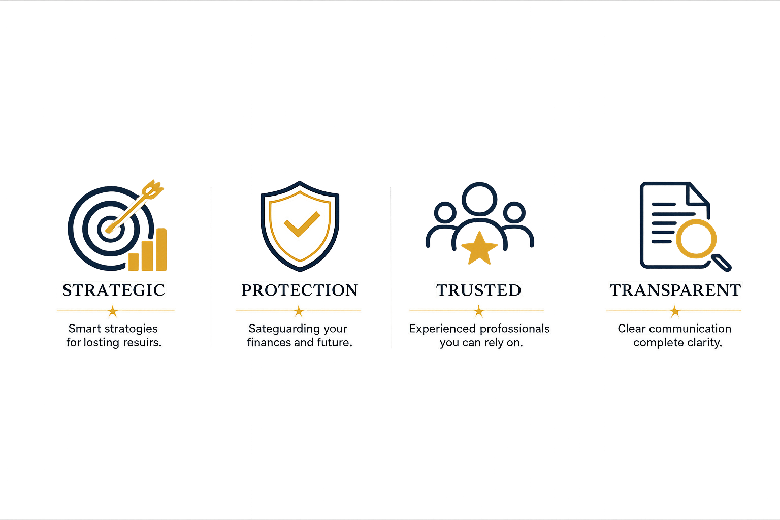 Infographic with four sections labeled Strategic, Protection, Trusted, Transparent. Icons depict target, shield, people with star, and document with magnifying glass. Text highlights strategies, safeguarding finances, experienced professionals, and clear communication.